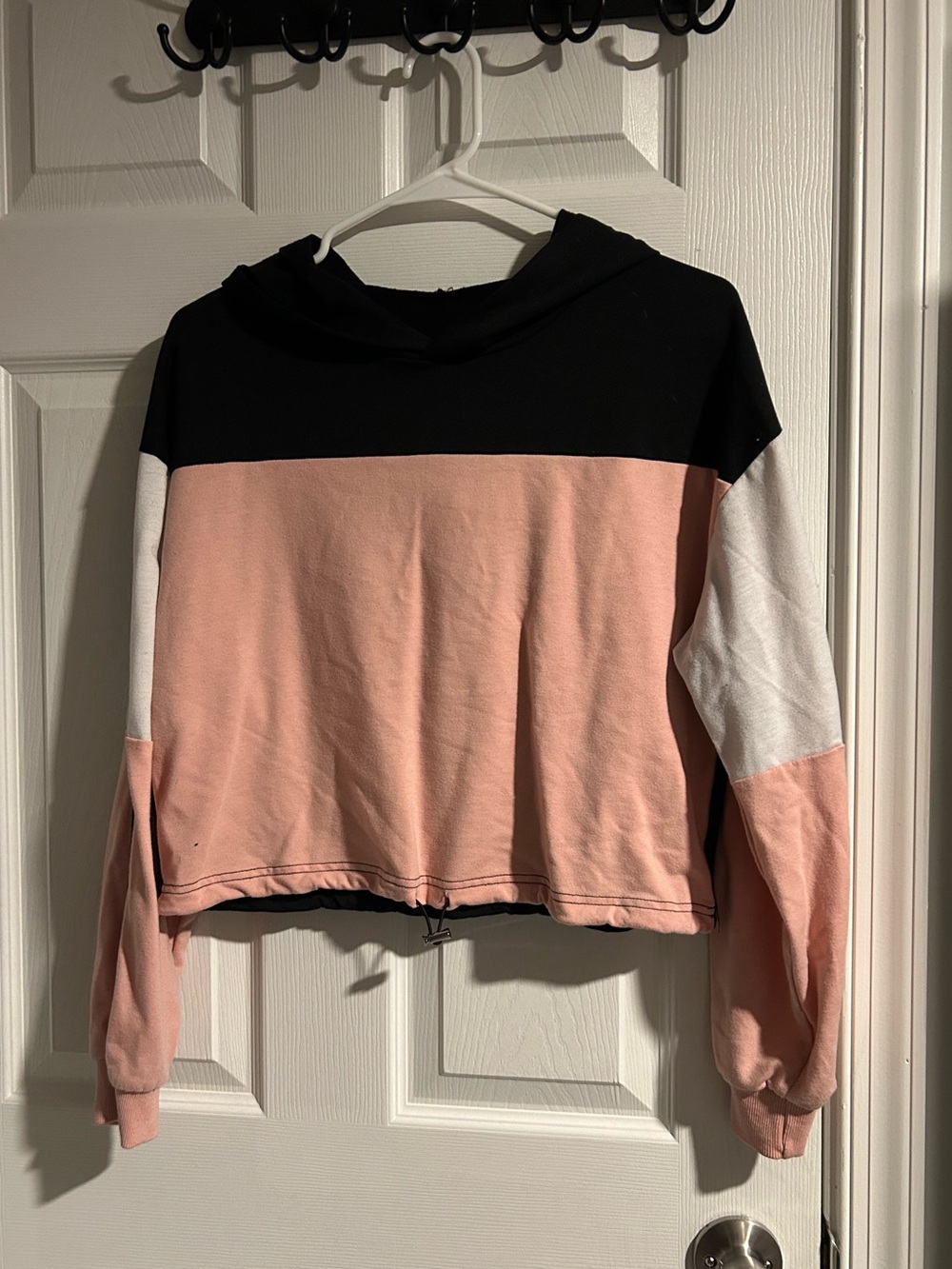 Black, White, Pink Colorblock Cropped Hooded Sweatshirt